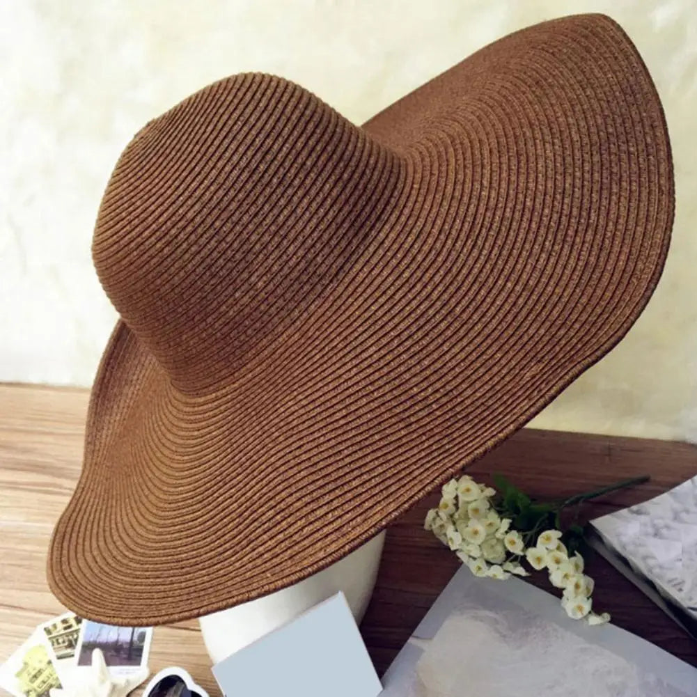 Fashion Hat Hawaii Ladies Summer Beach Floppy Black Straw Hat Solid Color Women Wide Brim Travel Sun Casual Cap For Outdoor