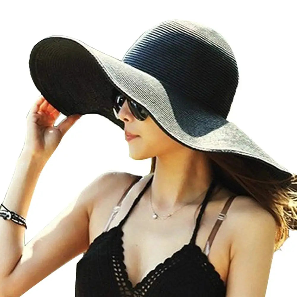 Fashion Hat Hawaii Ladies Summer Beach Floppy Black Straw Hat Solid Color Women Wide Brim Travel Sun Casual Cap For Outdoor