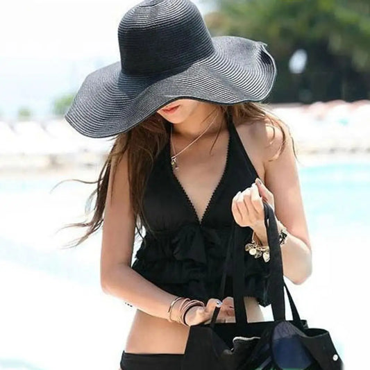 Fashion Hat Hawaii Ladies Summer Beach Floppy Black Straw Hat Solid Color Women Wide Brim Travel Sun Casual Cap For Outdoor